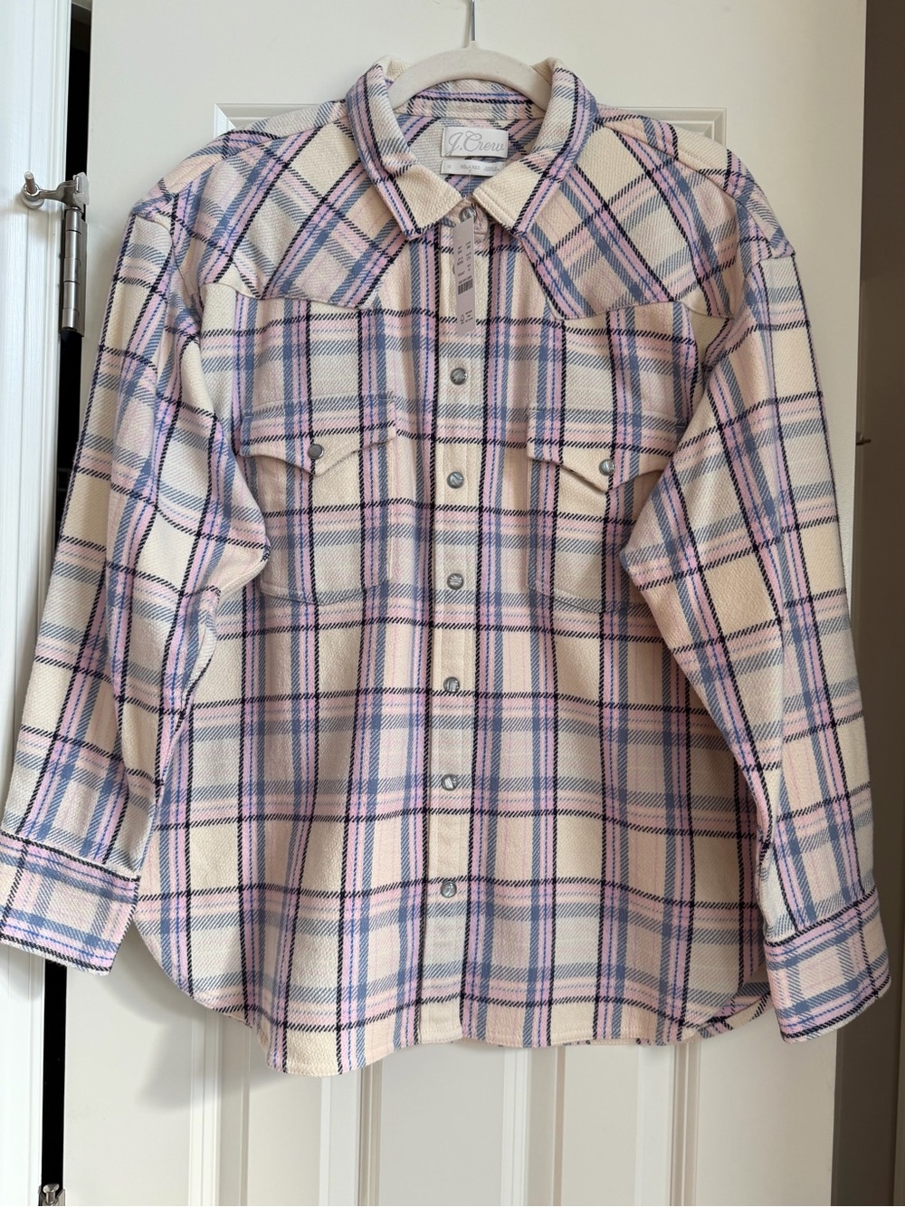 NWT J. Crew Lavender Plaid Pearl Snap Relaxed Shirt Shacket Women’s Size 10 / M